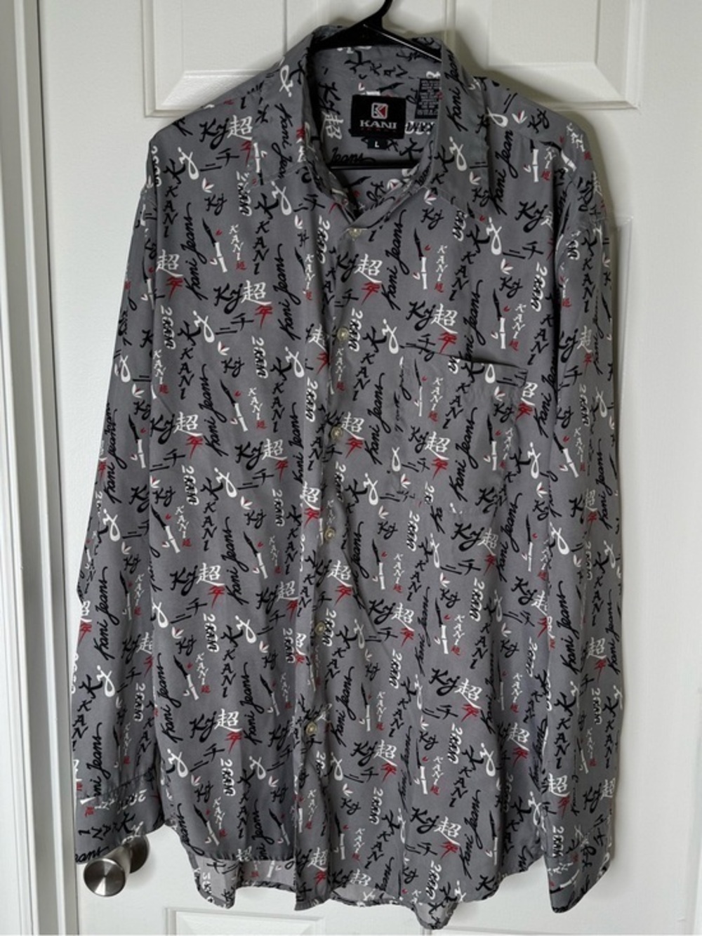 Karl Kani Gray Button-Down Shirt with Black, White & Red Script